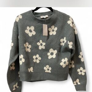 Floral Crew Neck Sweater - Green and Cream